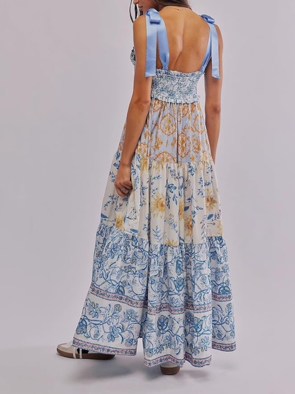 Women’s Floral Printed Tiered Maxi Dress Smock Detail Blue Combo Sz L NWT $129R - Picture 4 of 5